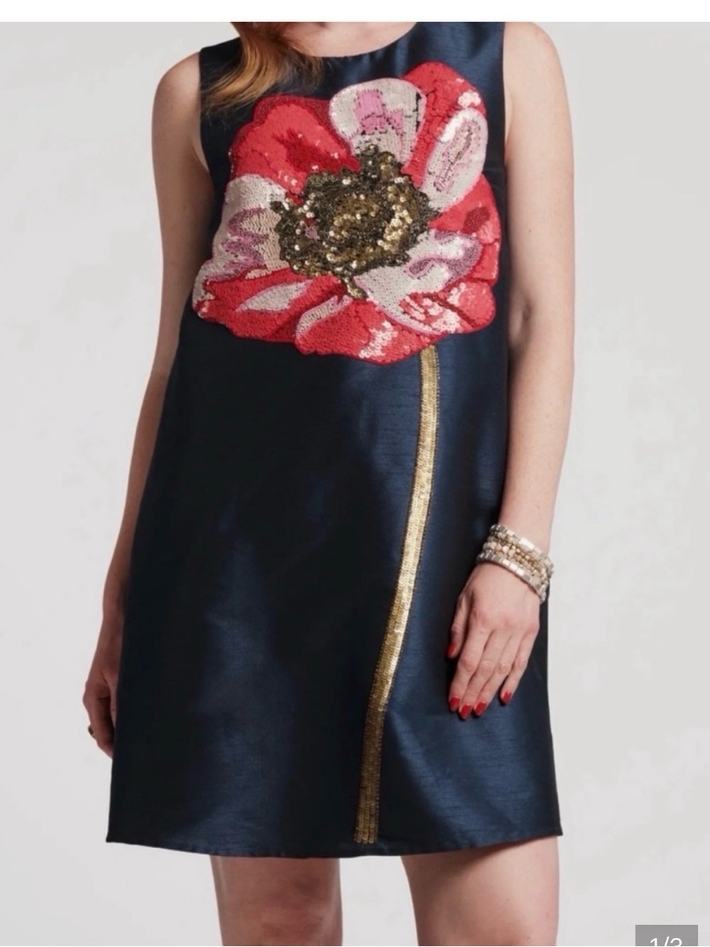 Navy Shift Dress with Sequined Floral Applique by Francis valentine